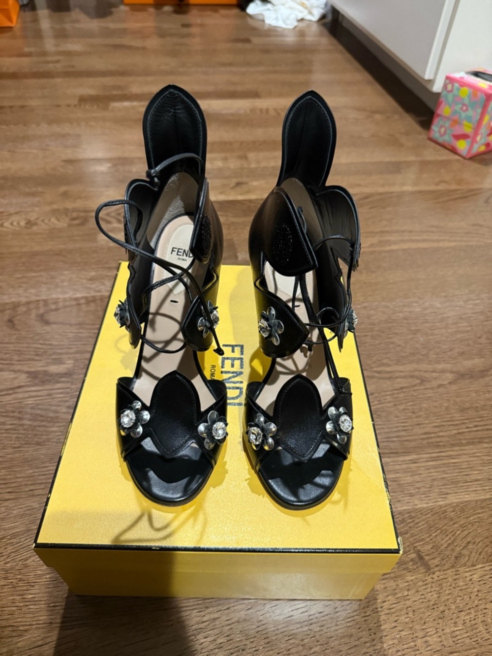 Fendi Black Floral Appliqué Lace-Up Heels